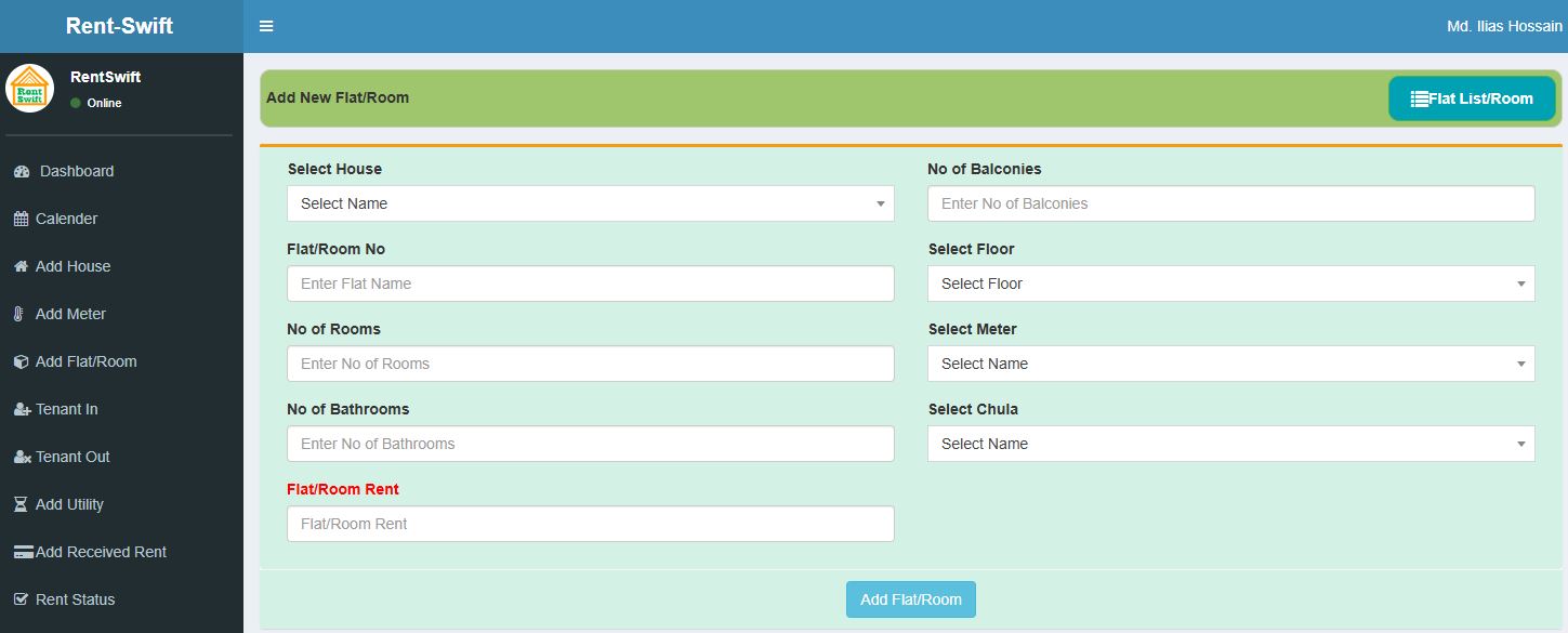 Screenshot of apartment rent management interface