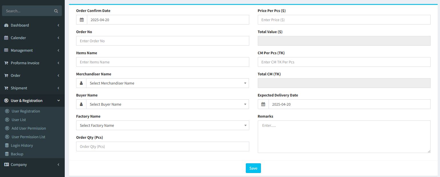 Garments ERP dashboard interface