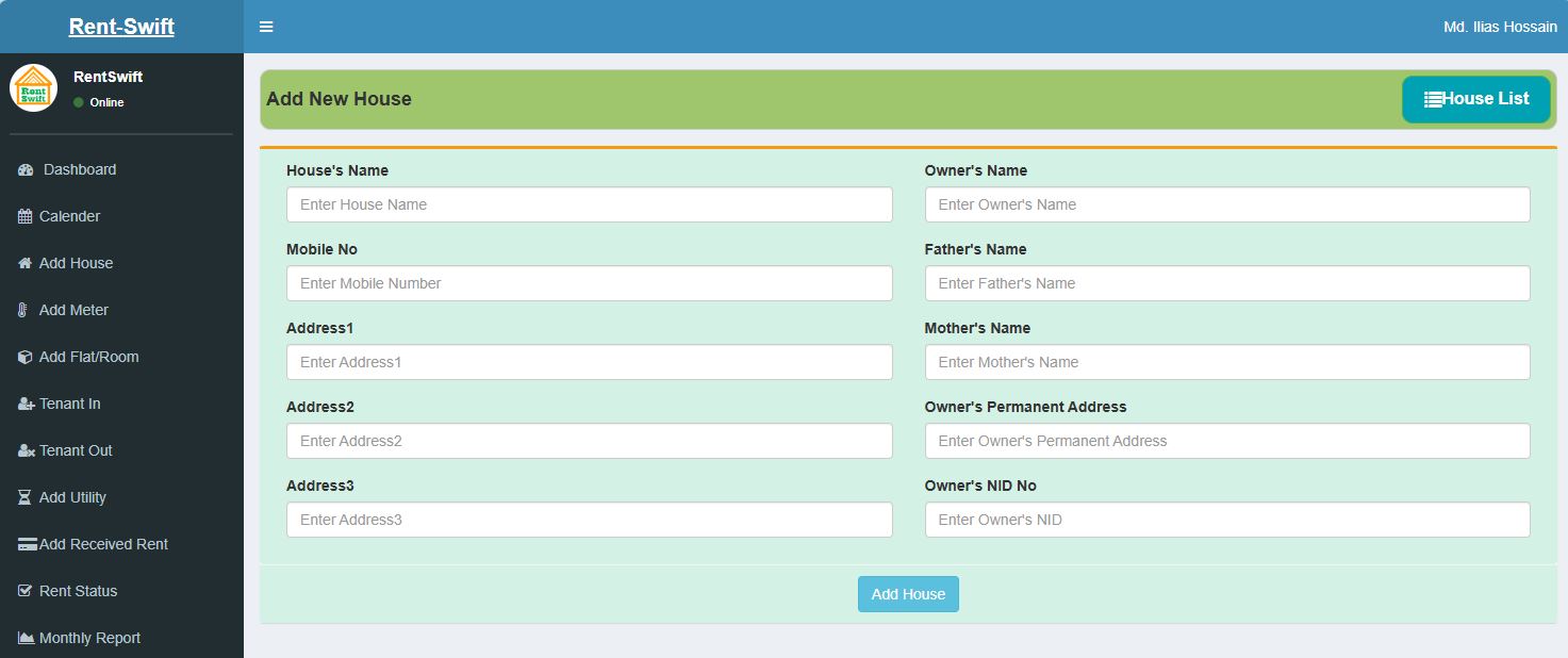 Rent management dashboard interface