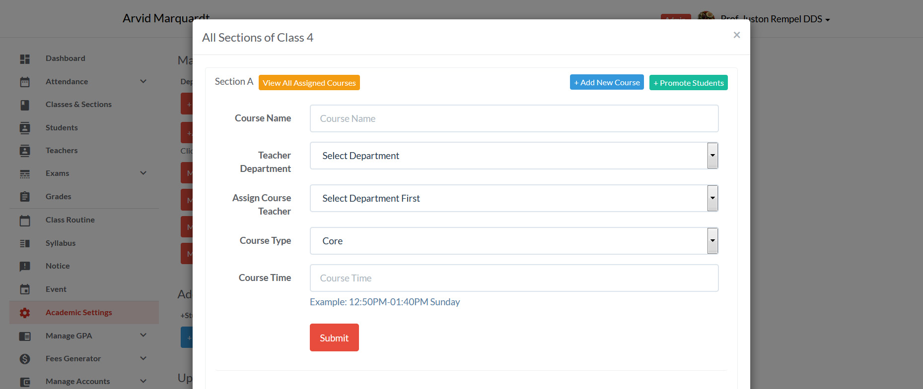 School management system dashboard